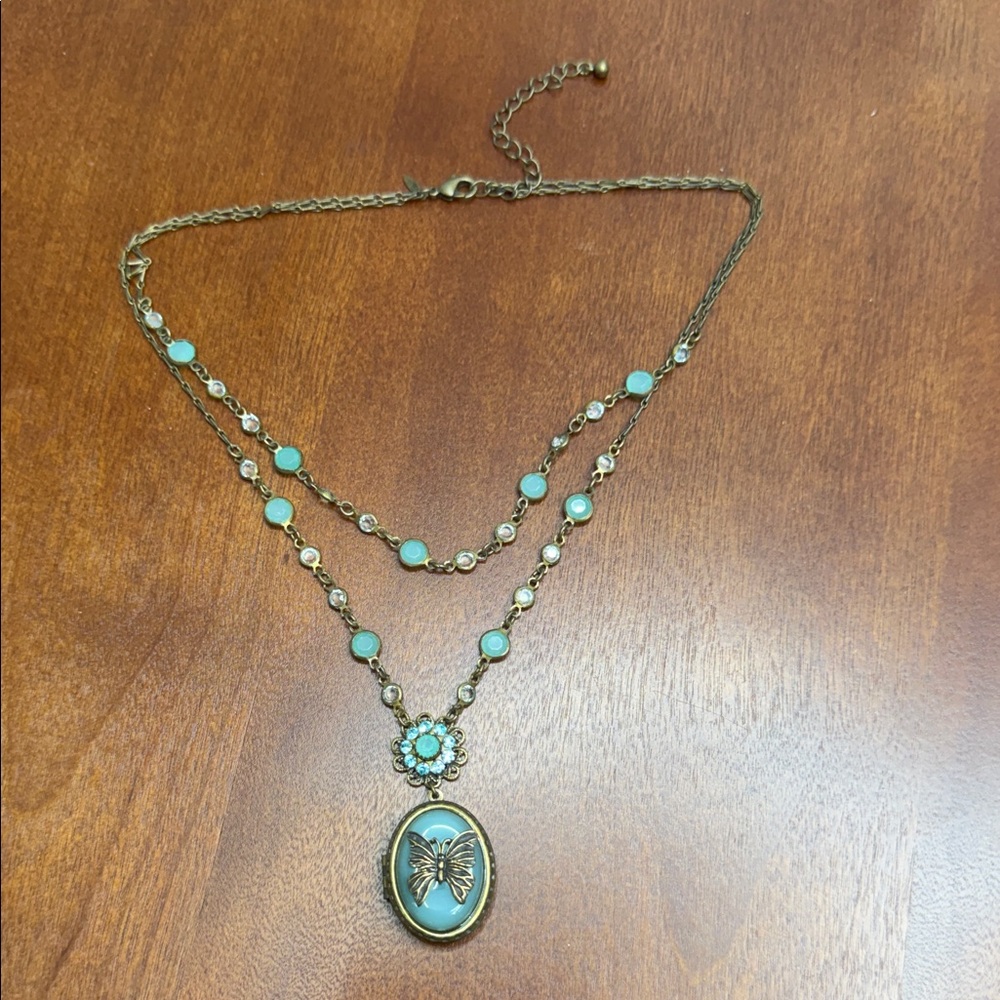 Vintage Nina Ricci Blue Butterfly Locket Double Strand Necklace